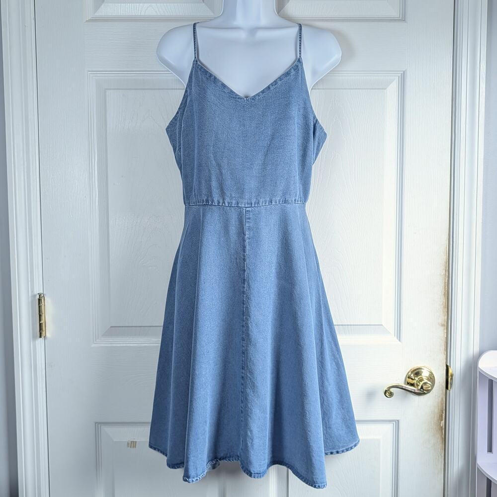Gap 100% Lyocell Chambray Denim Fit & Flare Cami Sundress Smocked Back Size L